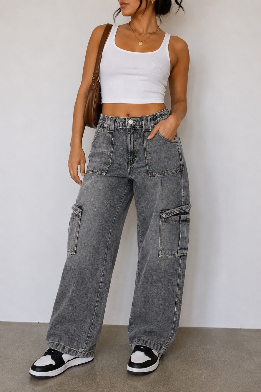 BDG Urban Outfitters Gray Acid Wash Cargo Jeans 27W 32L Y2K Utility Wide Leg